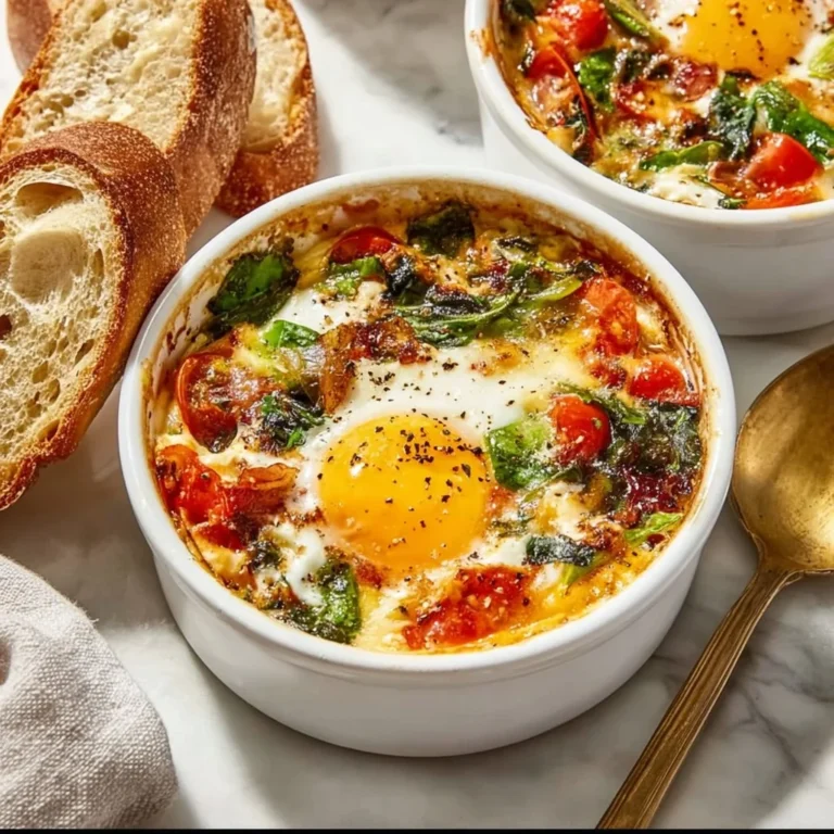 Baked feta eggs with tomatoes and spinach in a ceramic dish