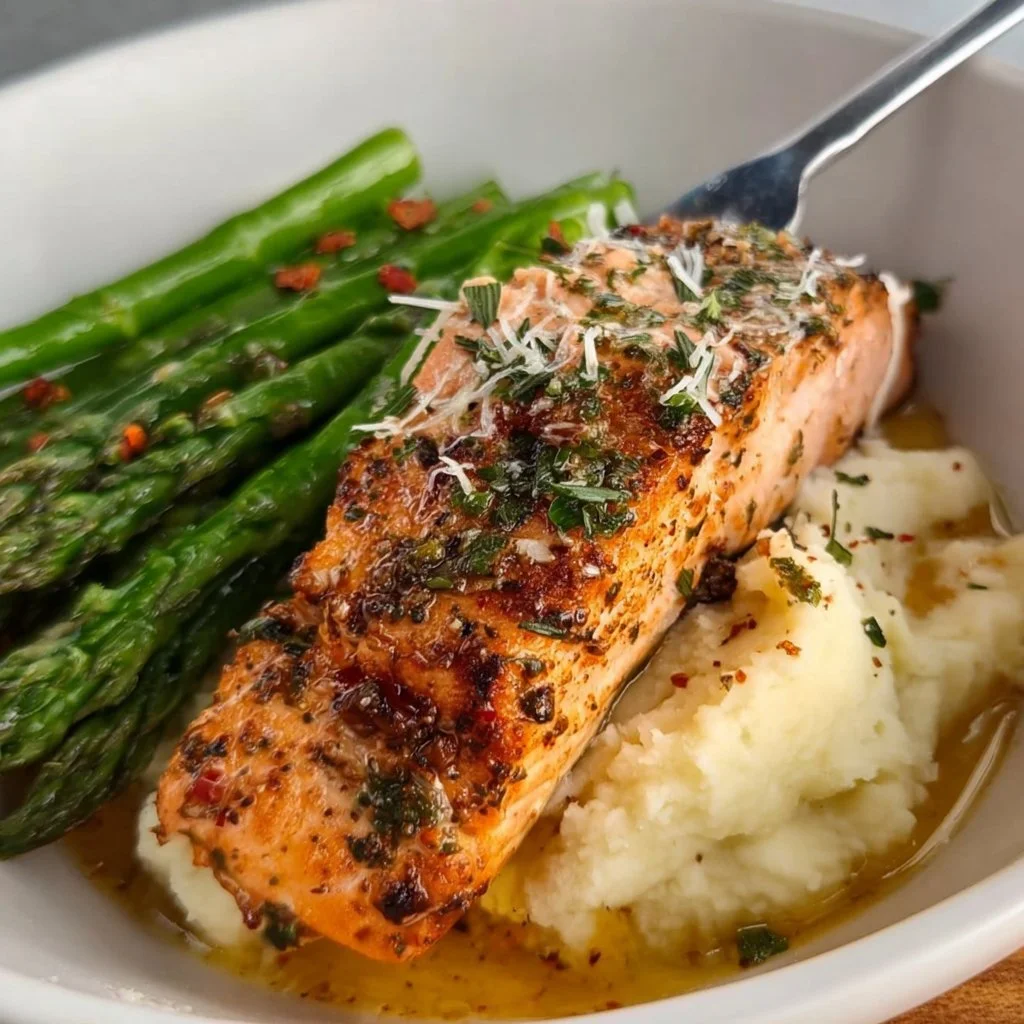 Baked lemon garlic butter salmon fillet garnished with herbs and lemon slices