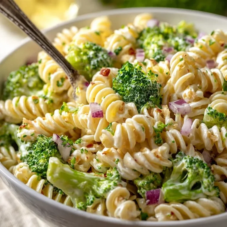 Delicious bowl of broccoli pasta salad with colorful vegetables