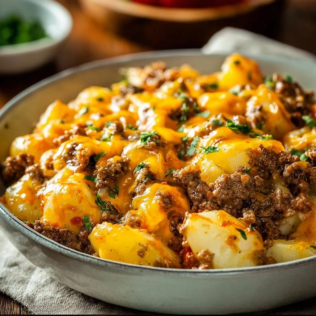 Cheesy ground beef & potato casserole served on a plate