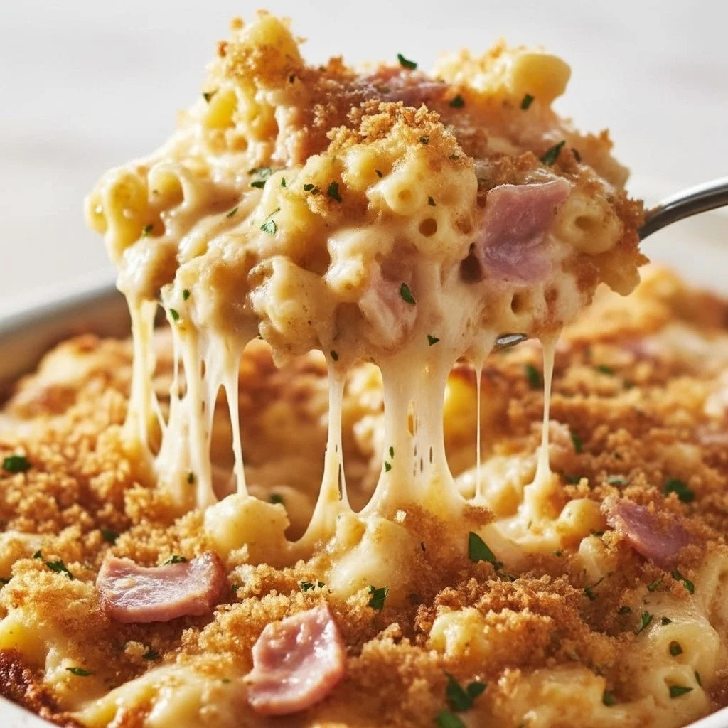 Chicken Blue RibbonCasserole served in a creamy sauce with toppings