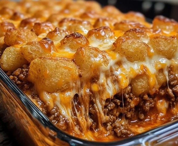 Chili Cheese Tater Tot Casserole topped with melted cheese and savory chili