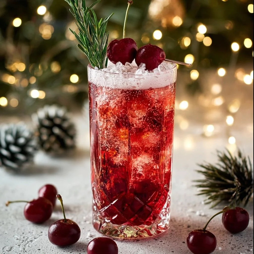 Christmas Cherry Fizz Mocktail served in a festive glass with cherries and fizz