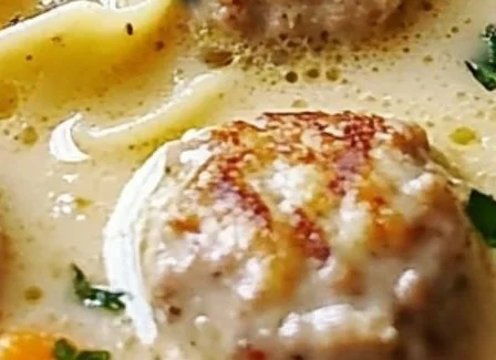 A bowl of cozy Swedish meatball soup topped with fresh herbs and served with bread