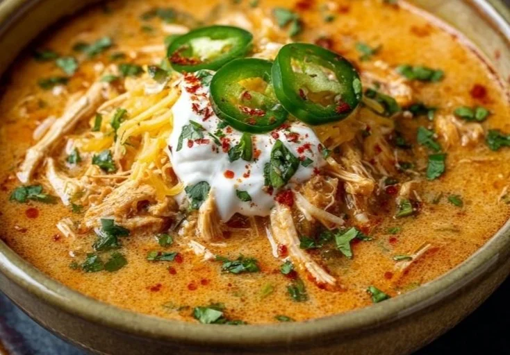 Bowl of creamy chicken enchilada soup garnished with fresh herbs
