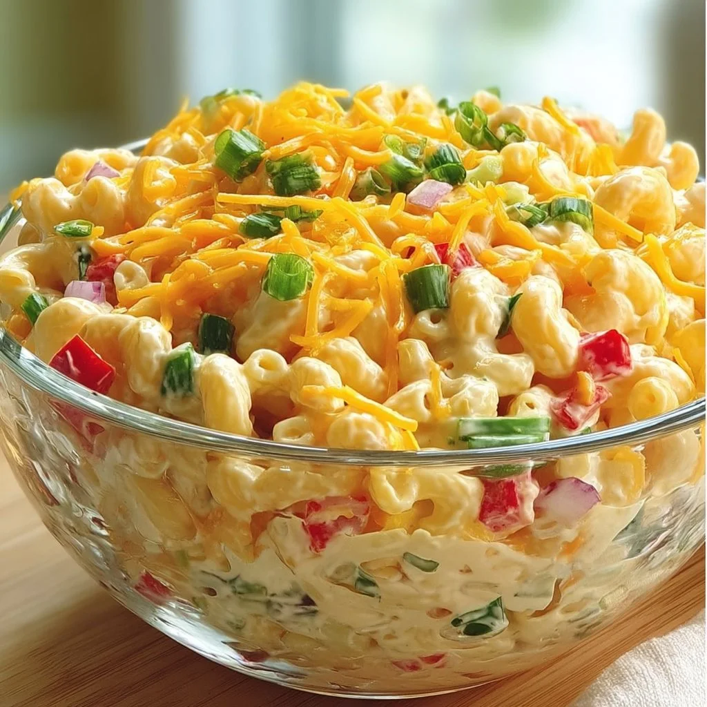 Creamy macaroni salad served in a bowl with fresh vegetables