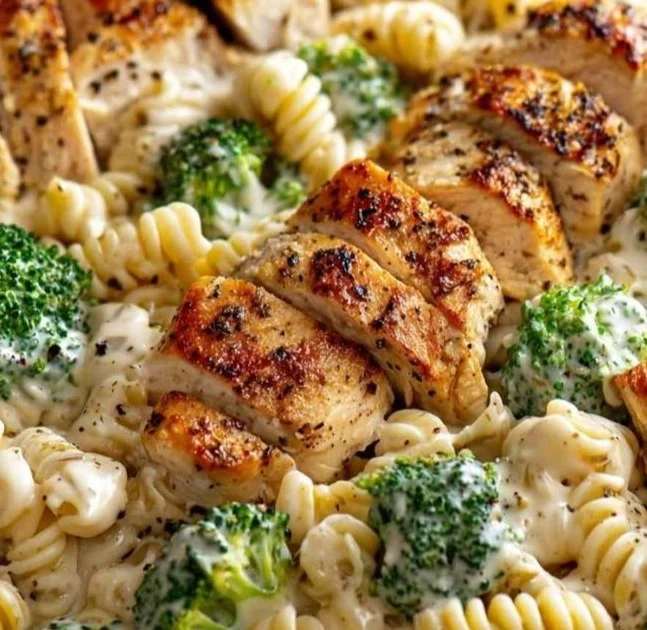 Creamy rotisserie chicken broccoli pasta served in a bowl