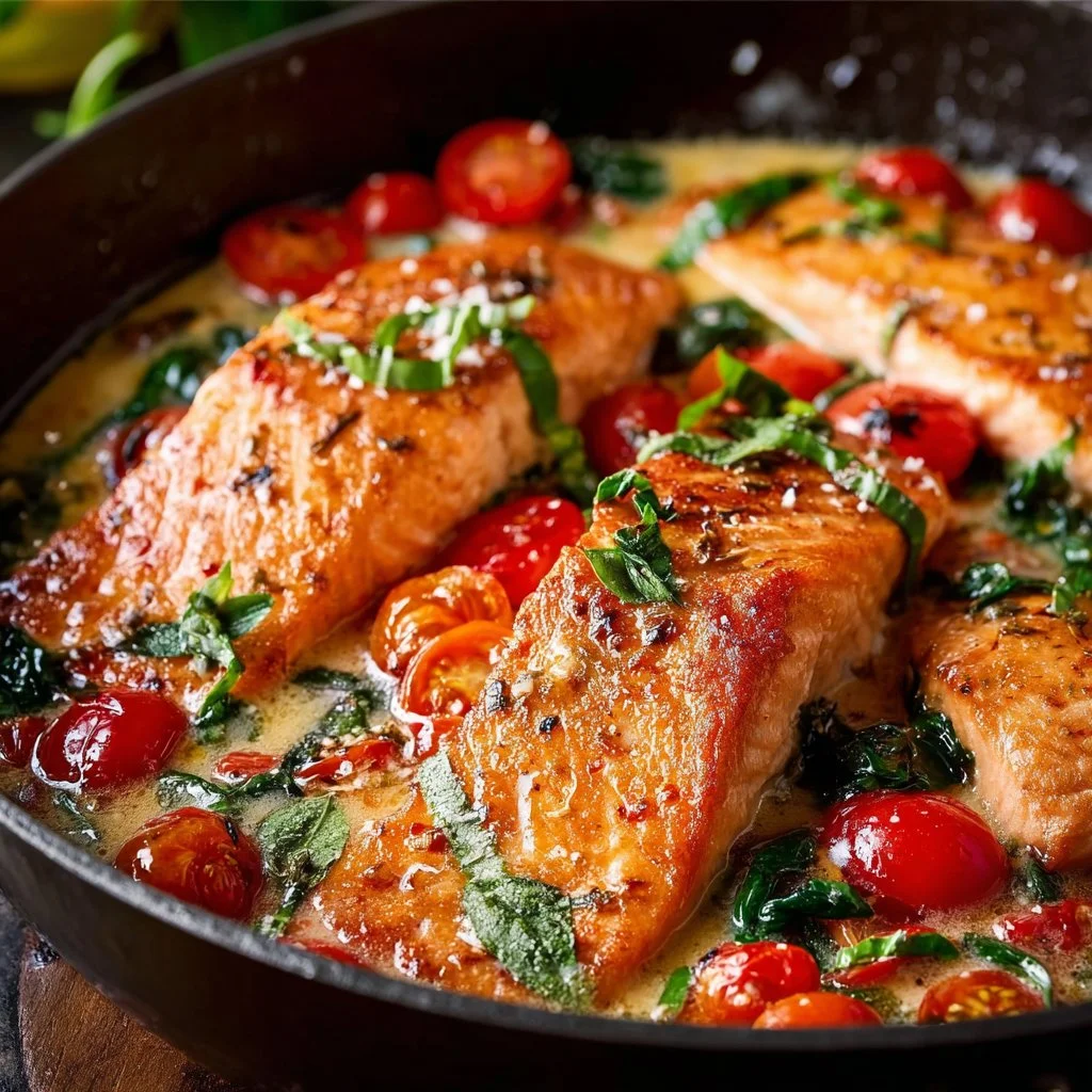Delicious creamy Tuscan Salmon plated with fresh vegetables and herbs