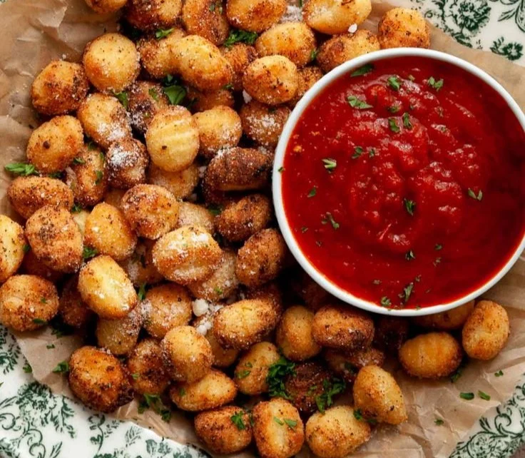 Crispy air fryer gnocchi served in a bowl garnished with herbs