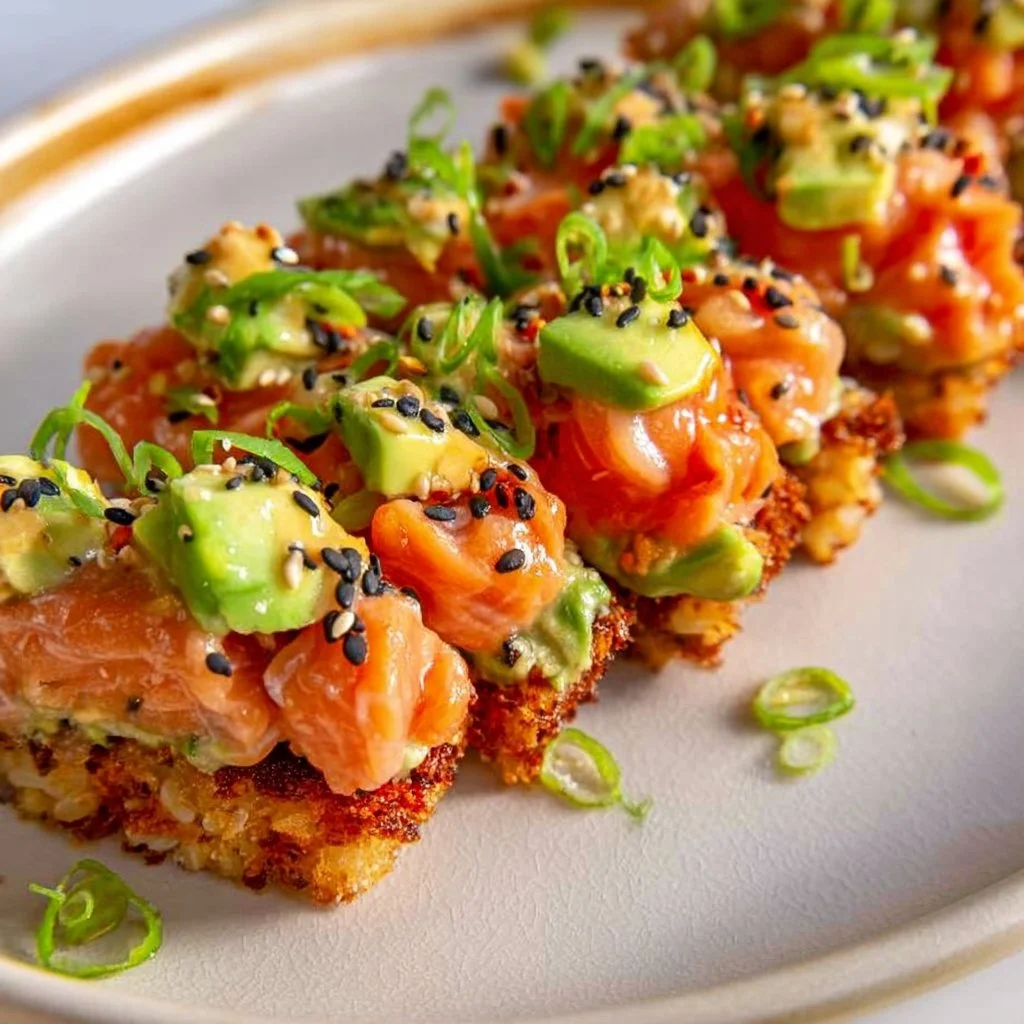 Crispy rice salmon dish with fresh ingredients and garnishes