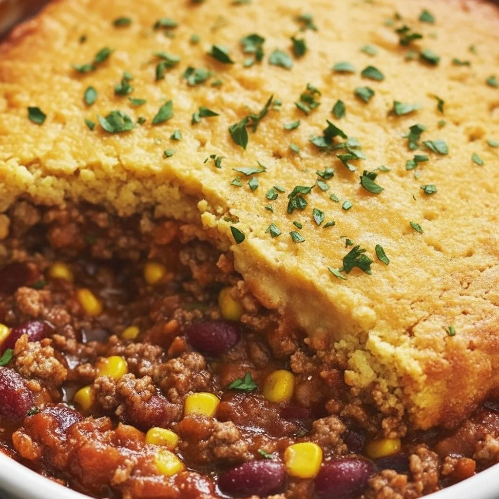 Delicious Cowboy Cornbread Casserole served in a rustic dish.