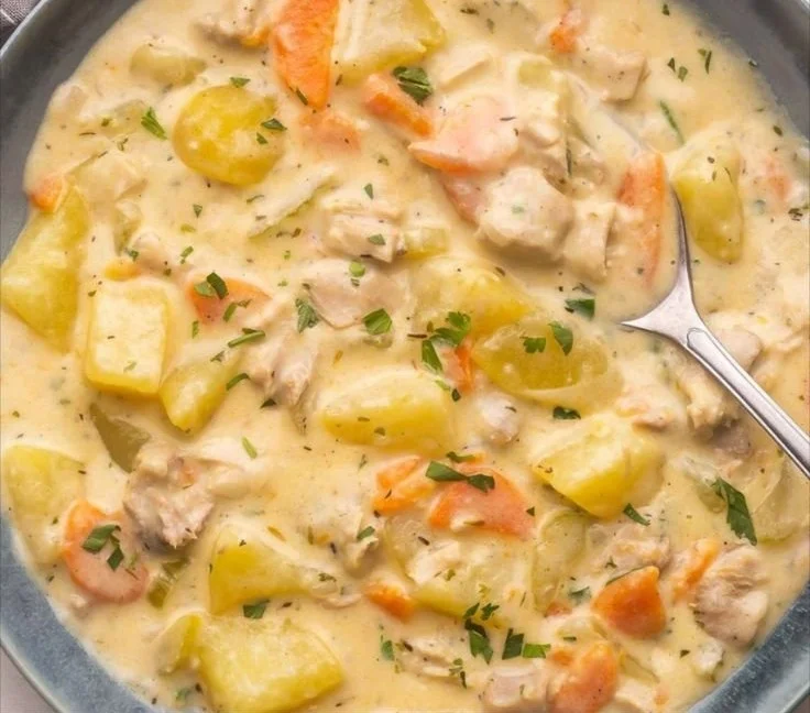 Bowl of easy leftover turkey soup with vegetables and herbs