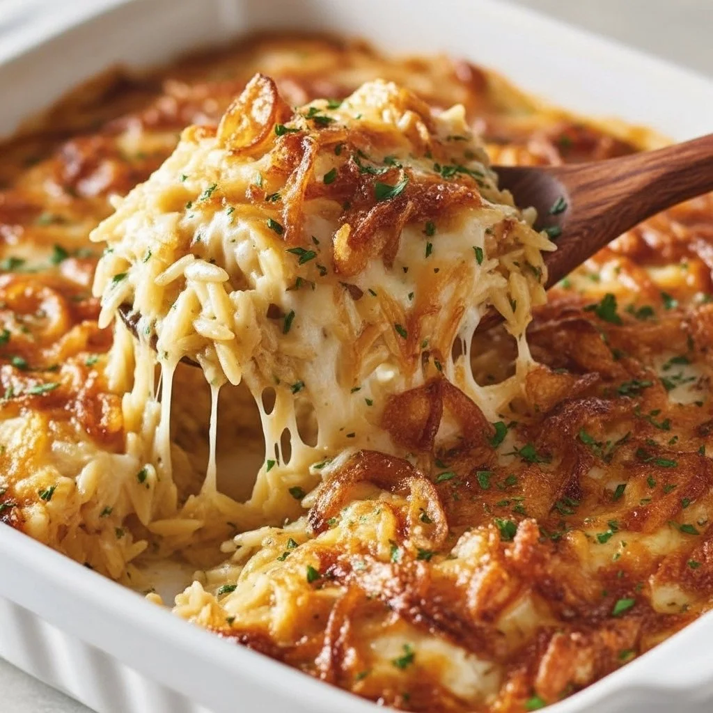 French onion chicken orzo casserole topped with melted cheese and onions