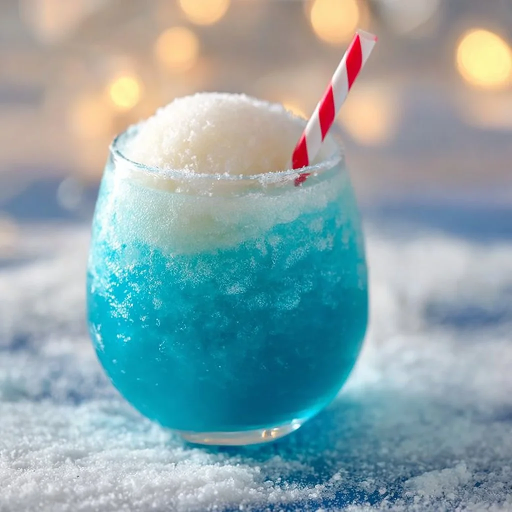 Glass of Frozen Snowball Punch with winter decorations