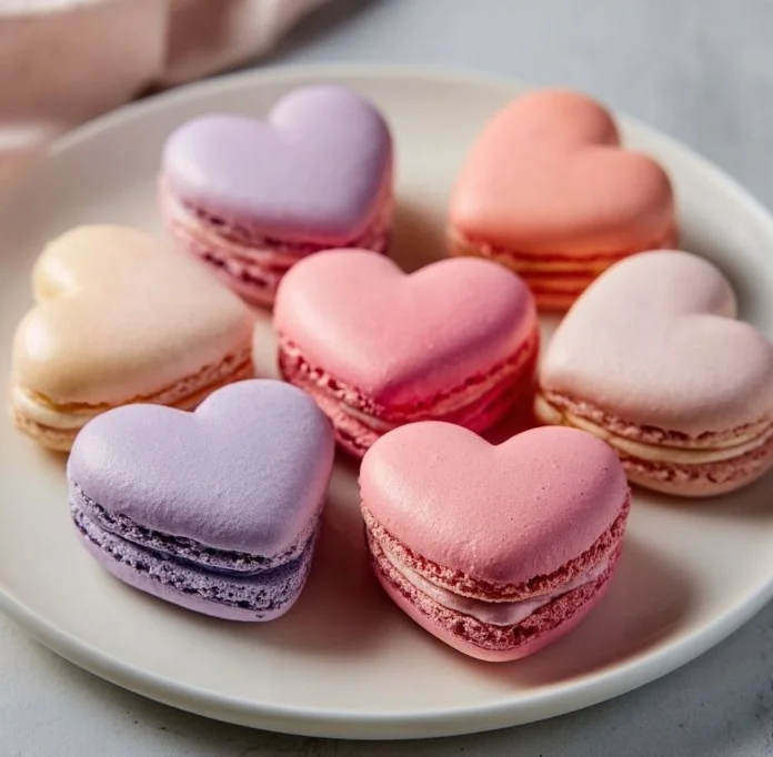Heart-shaped macarons in various colors and flavors for a delightful dessert.