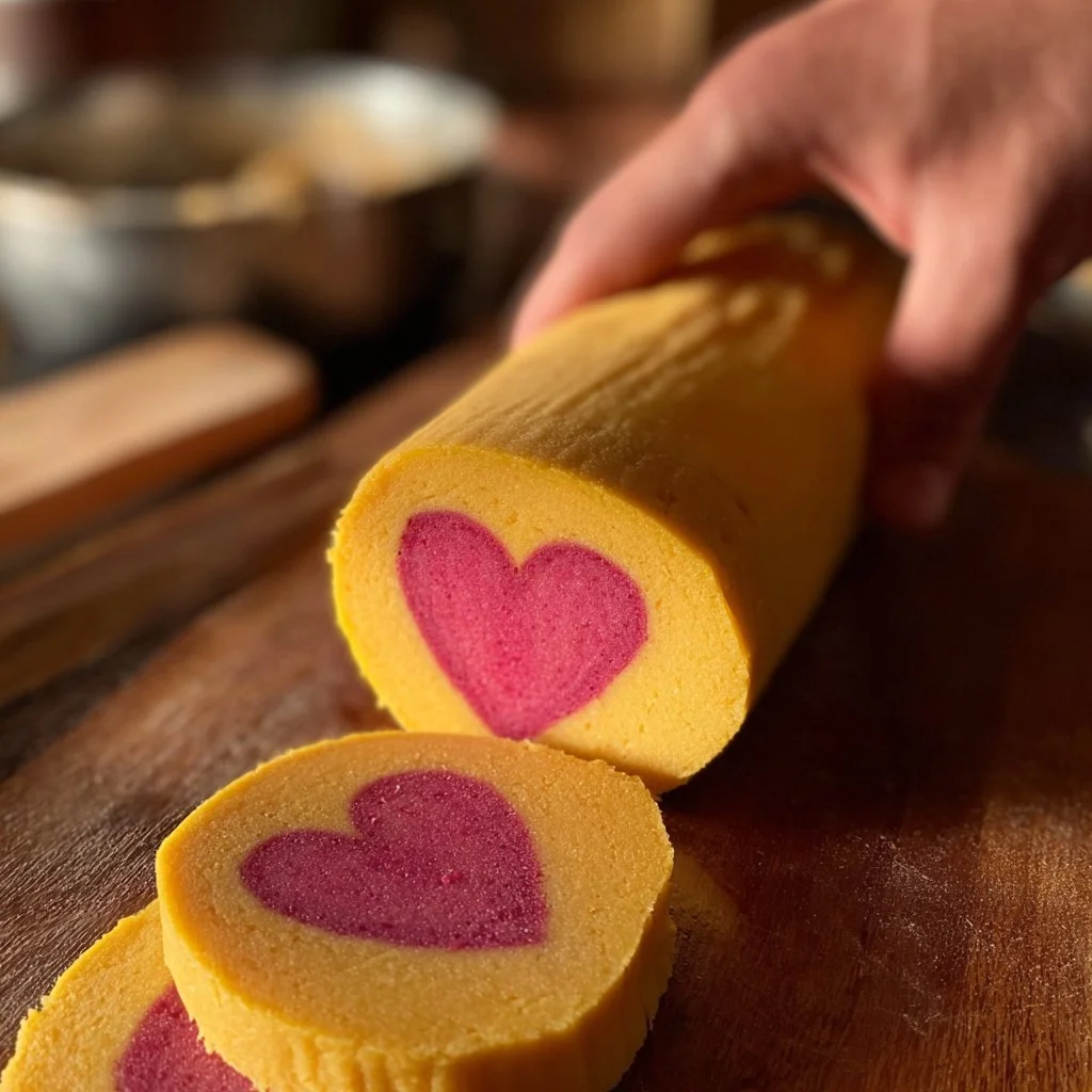 Heart-shaped slice and bake cookies on a baking sheet ready to be baked.