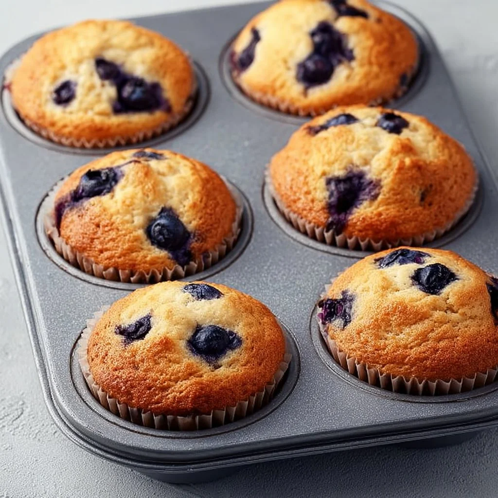 Hearty blueberry protein muffins stacked on a plate