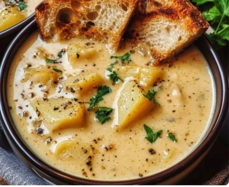 Bowl of hearty cheddar garlic herb potato soup topped with herbs