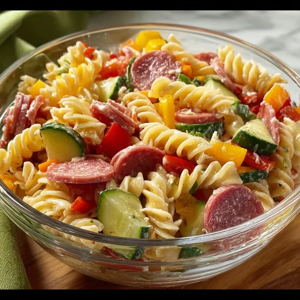 High-protein Italian pasta salad with colorful vegetables and dressing