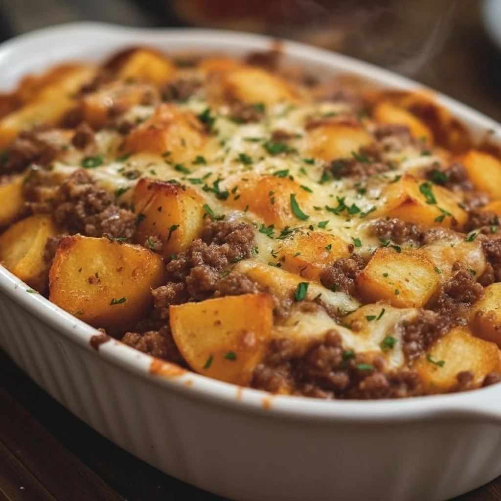 Delicious Hobo Casserole with mixed vegetables and meat in a baking dish