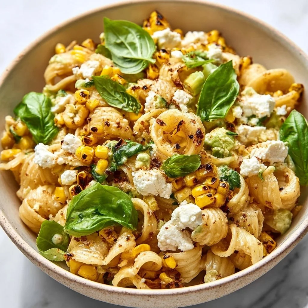 Juicy street corn pasta salad with vibrant vegetables and a zesty dressing.