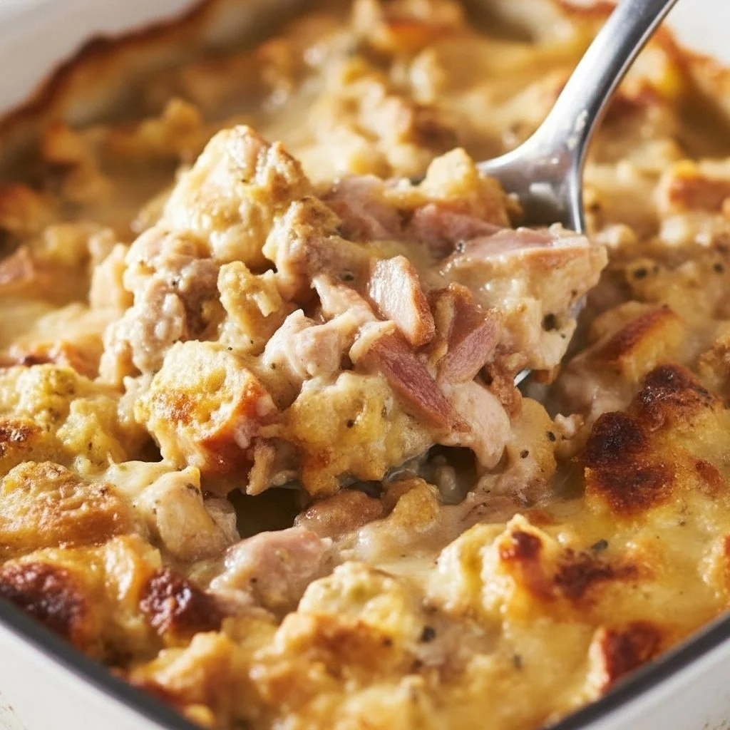 Delicious leftover turkey casserole served in a baking dish with toppings