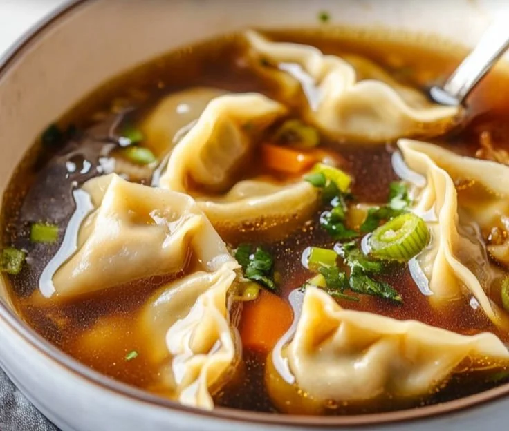A bowl of delicious Potsticker Soup with dumplings and fresh herbs.