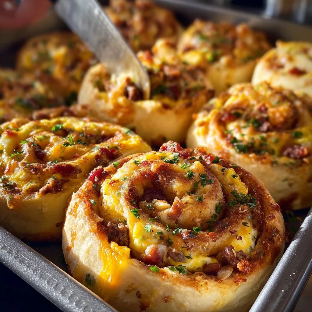 Delicious savory breakfast rolls on a wooden platter