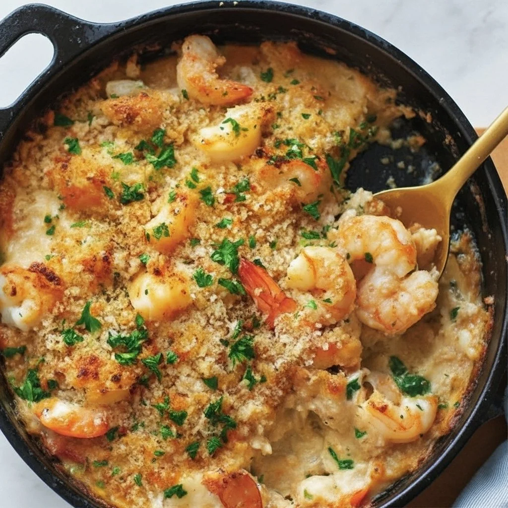 Delicious shrimp casserole baked with creamy sauce and topped with breadcrumbs