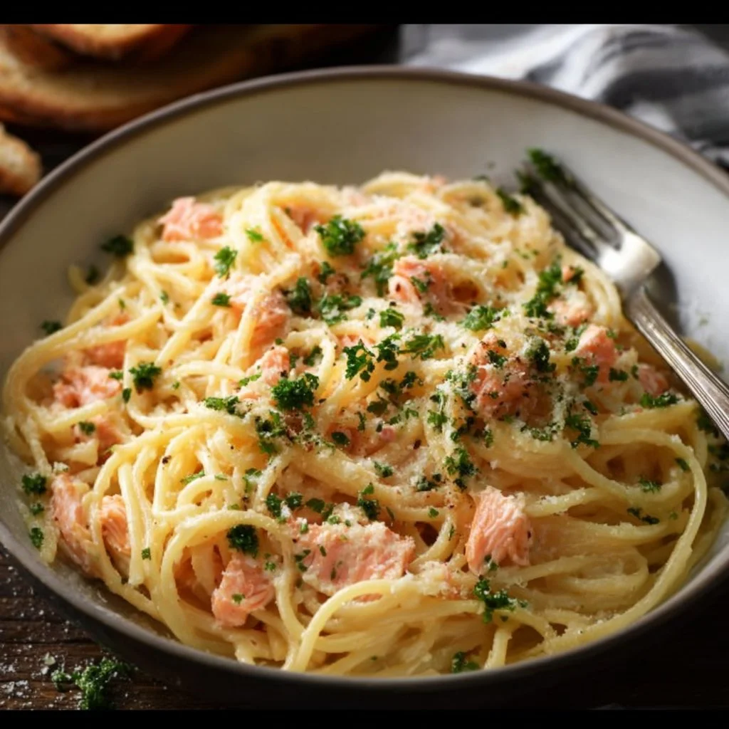 Delicious smoked salmon carbonara pasta topped with fresh herbs