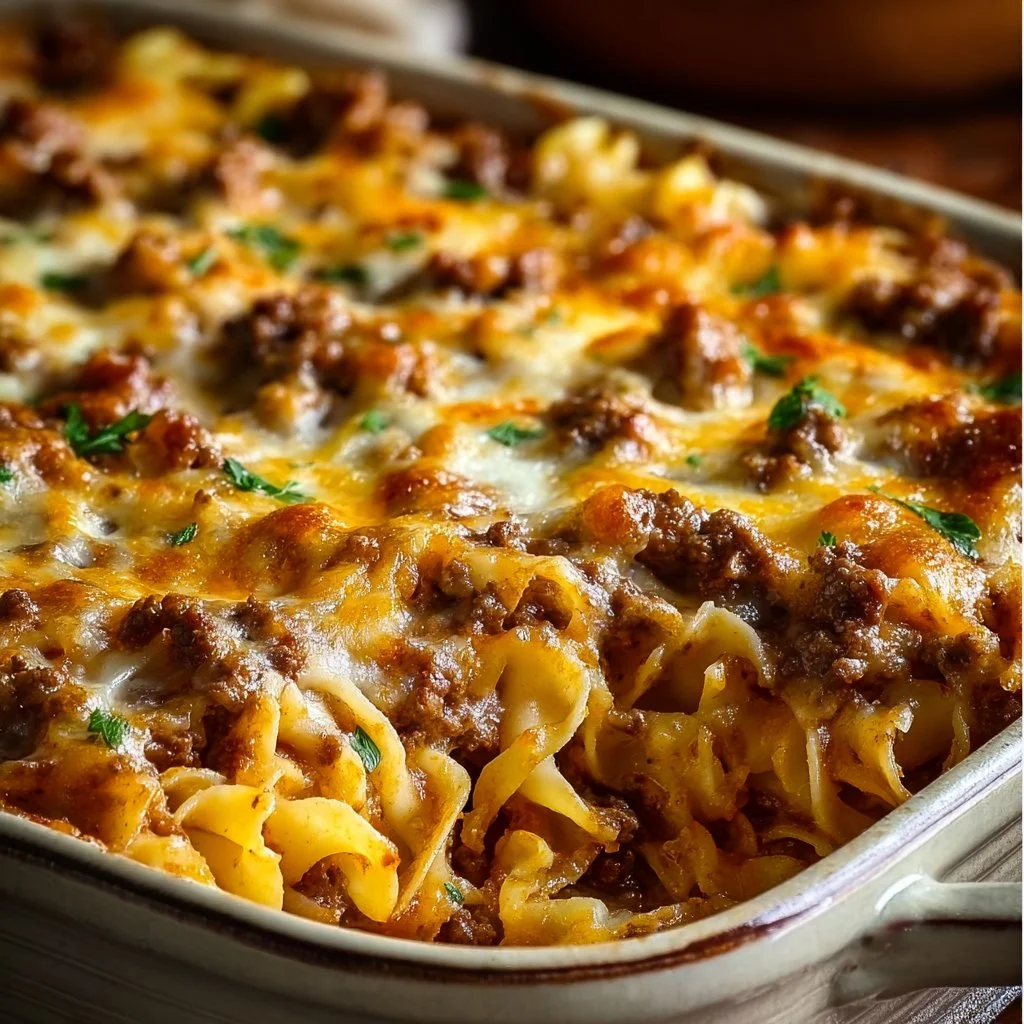 Delicious sour cream beef noodle casserole ready to serve.