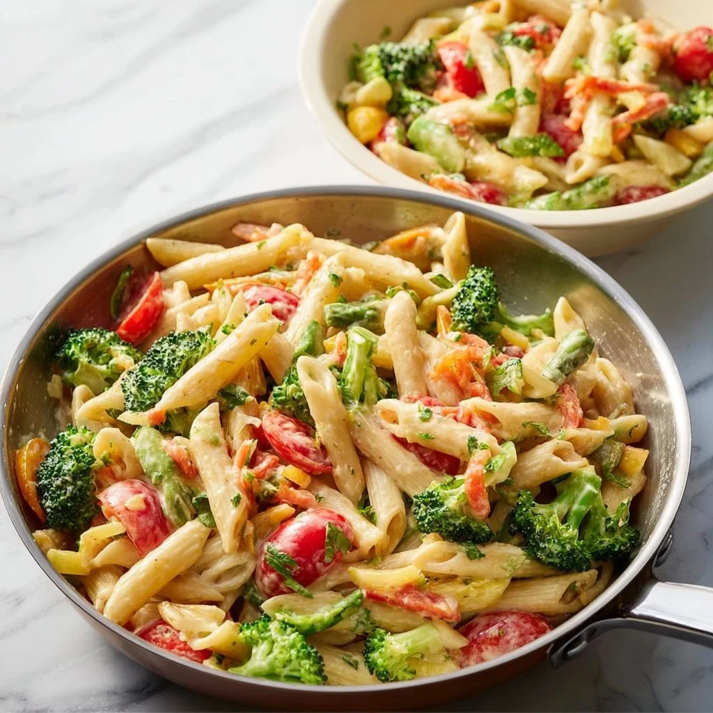 Delicious Spring Pasta with seasonal vegetables and herbs in a bowl