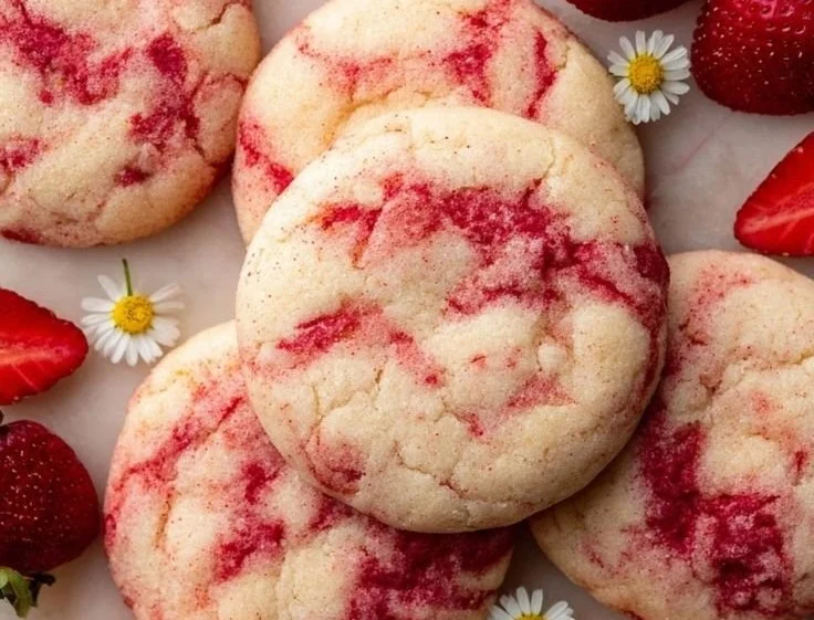 Freshly baked strawberry cheesecake cookies topped with strawberry slices.