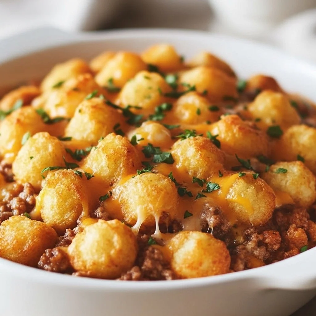 Baked Tater Tot Casserole topped with cheese and crispy tots