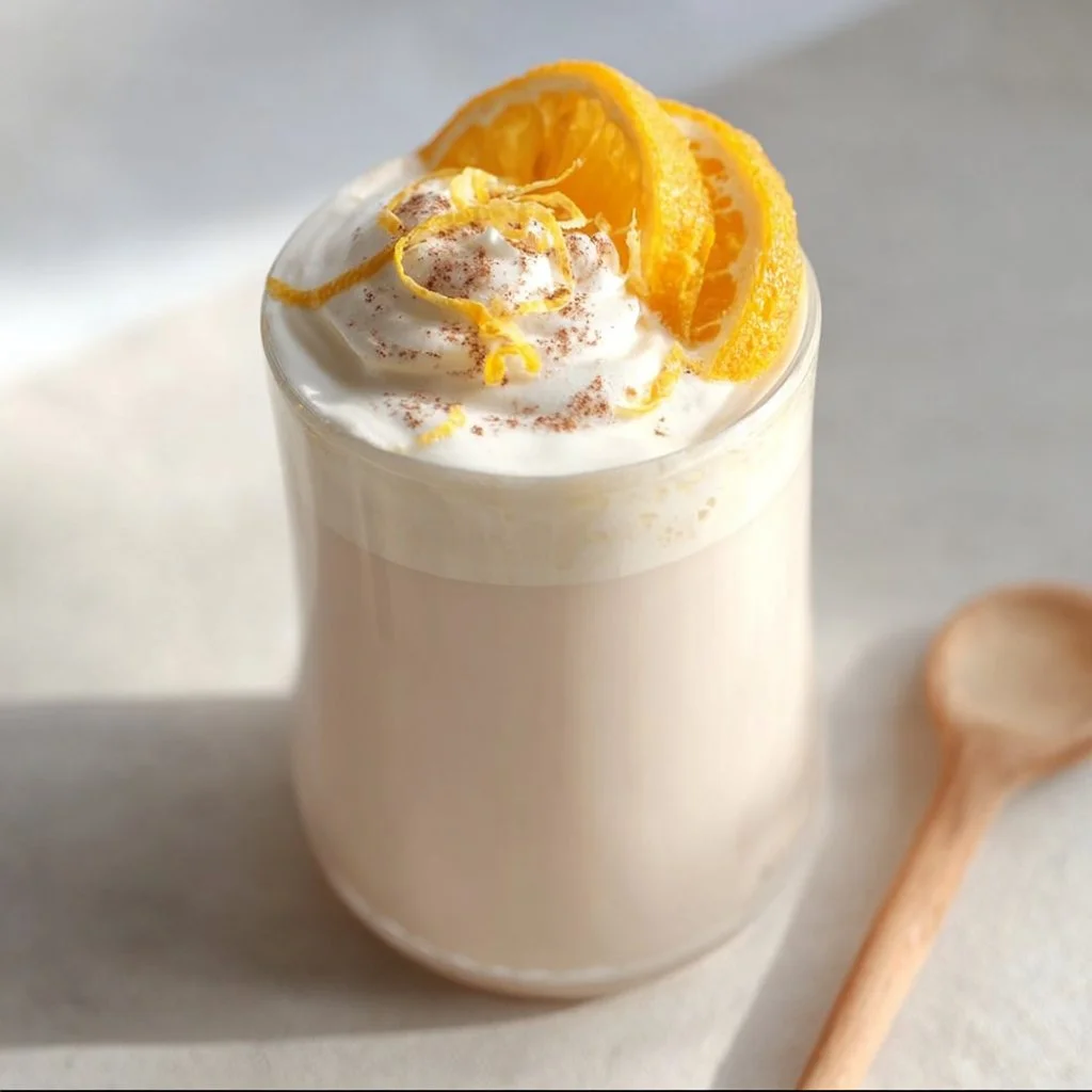Delicious White Chocolate Orange Hot Cocoa topped with whipped cream