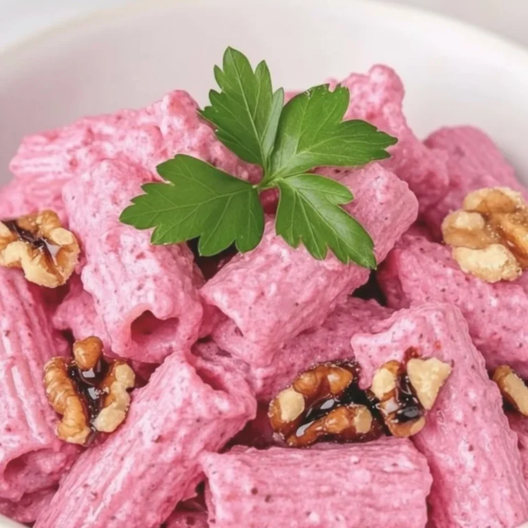 Deliciously colorful Valentine's Day pink pasta served with fresh herbs.
