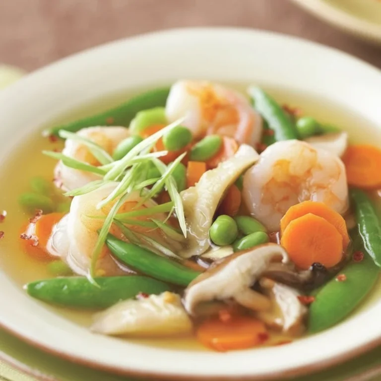 Bowl of colorful vegetable chicken and shrimp soup with fresh ingredients