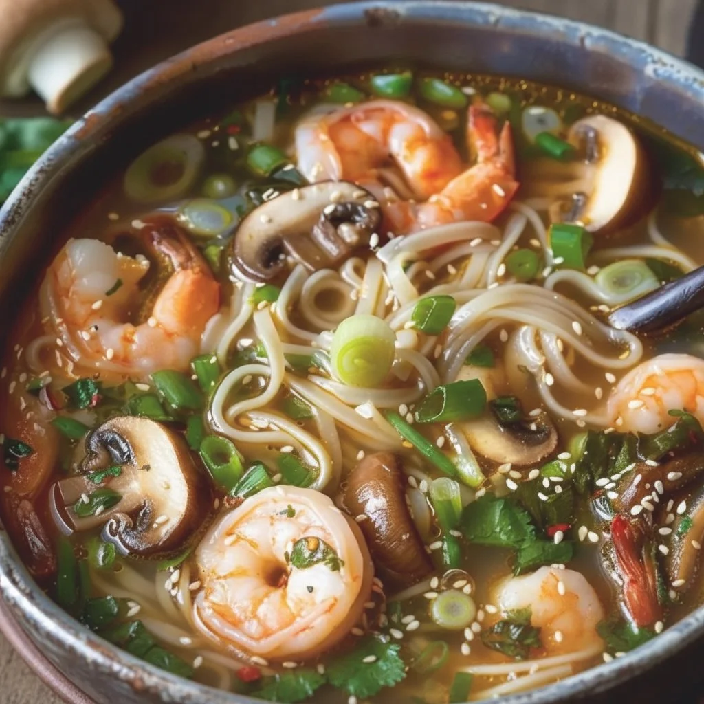Delicious bowl of ginger shrimp and mushroom noodle soup