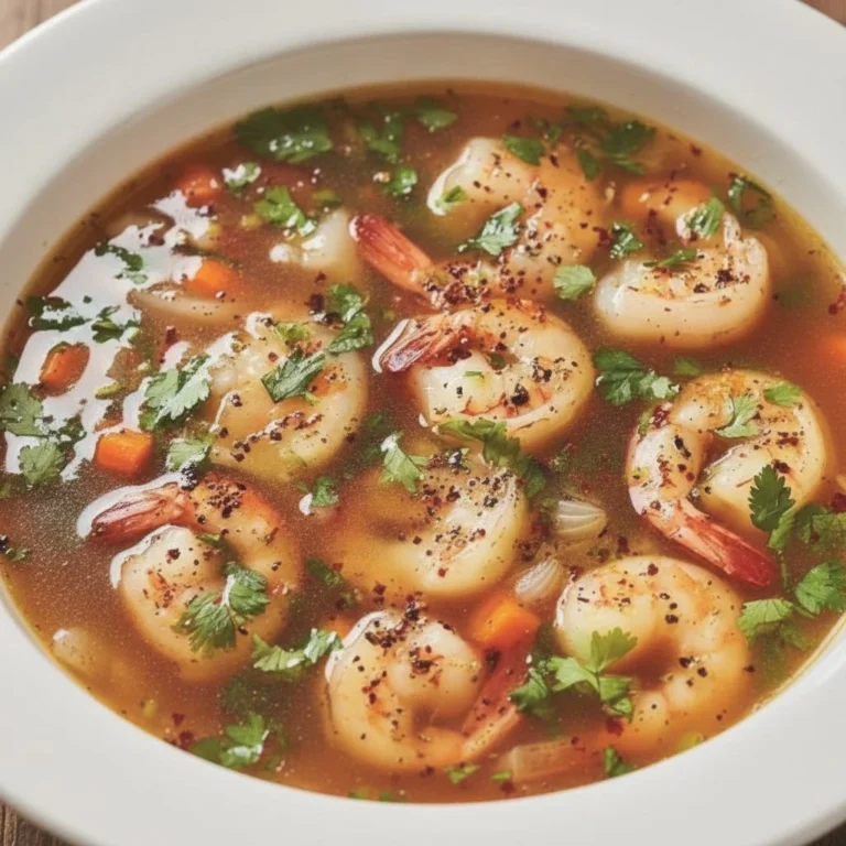A bowl of quick and spicy shrimp soup garnished with herbs and spices.