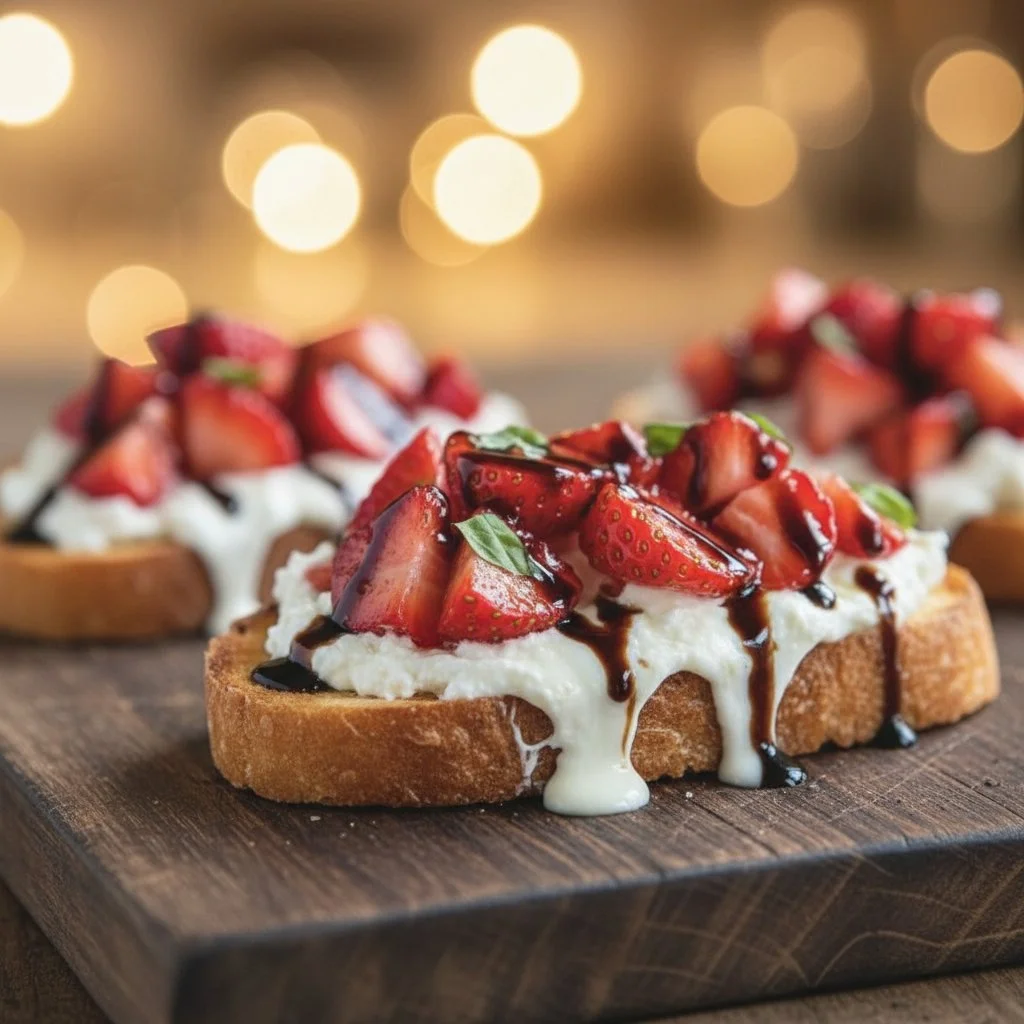 Strawberry Ricotta Bruschetta topped with fresh strawberries and creamy ricotta cheese.
