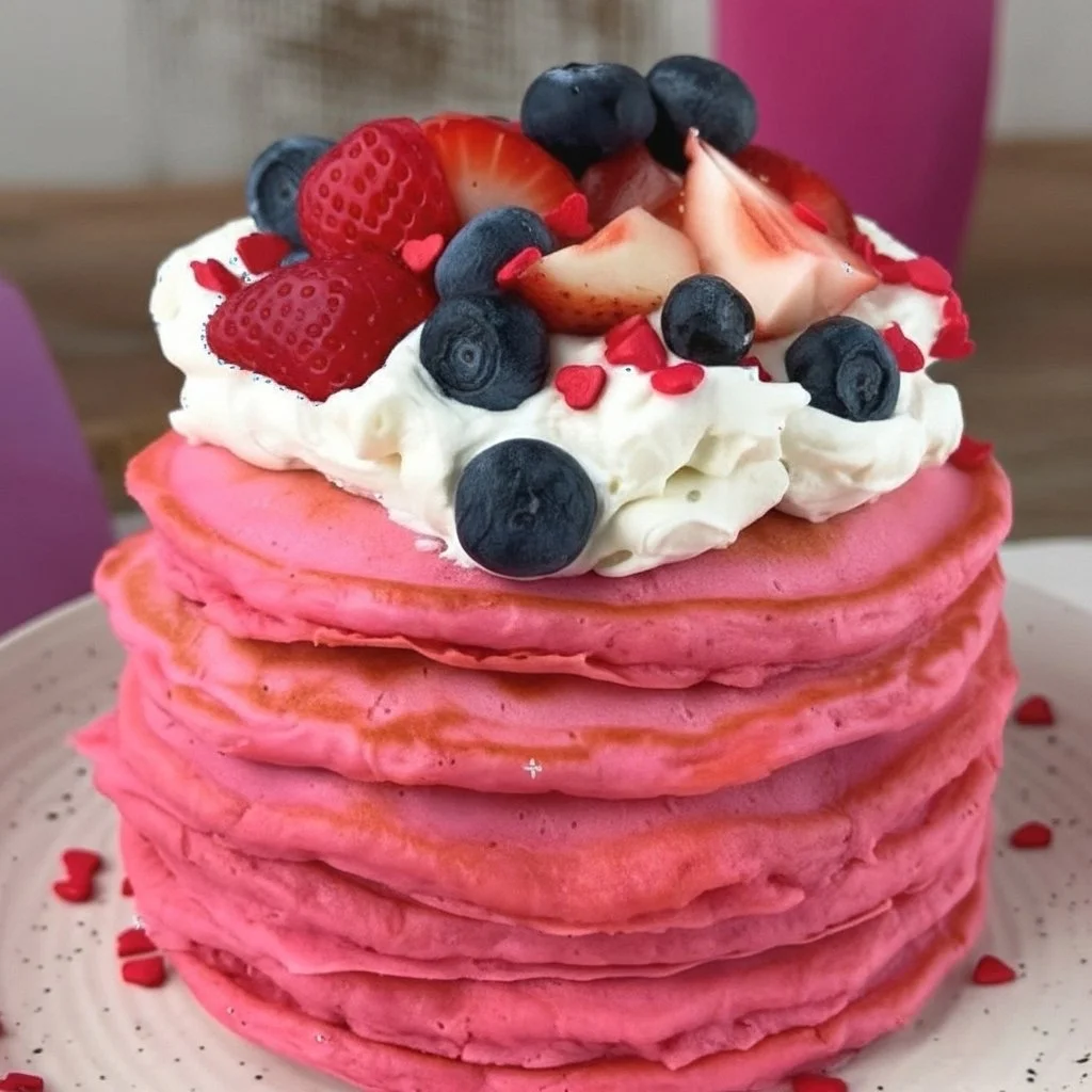 Festively decorated Valentine's Day pancakes with hearts and strawberries.