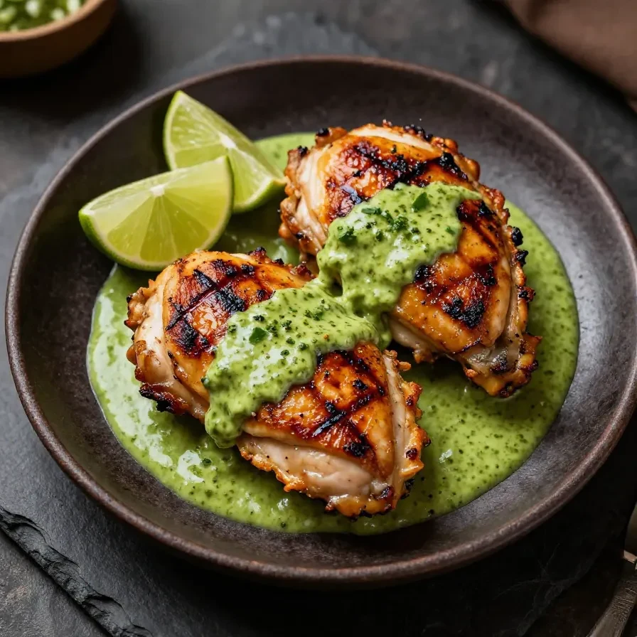 A plate of Peruvian grilled chicken served with creamy green sauce and fresh garnish.