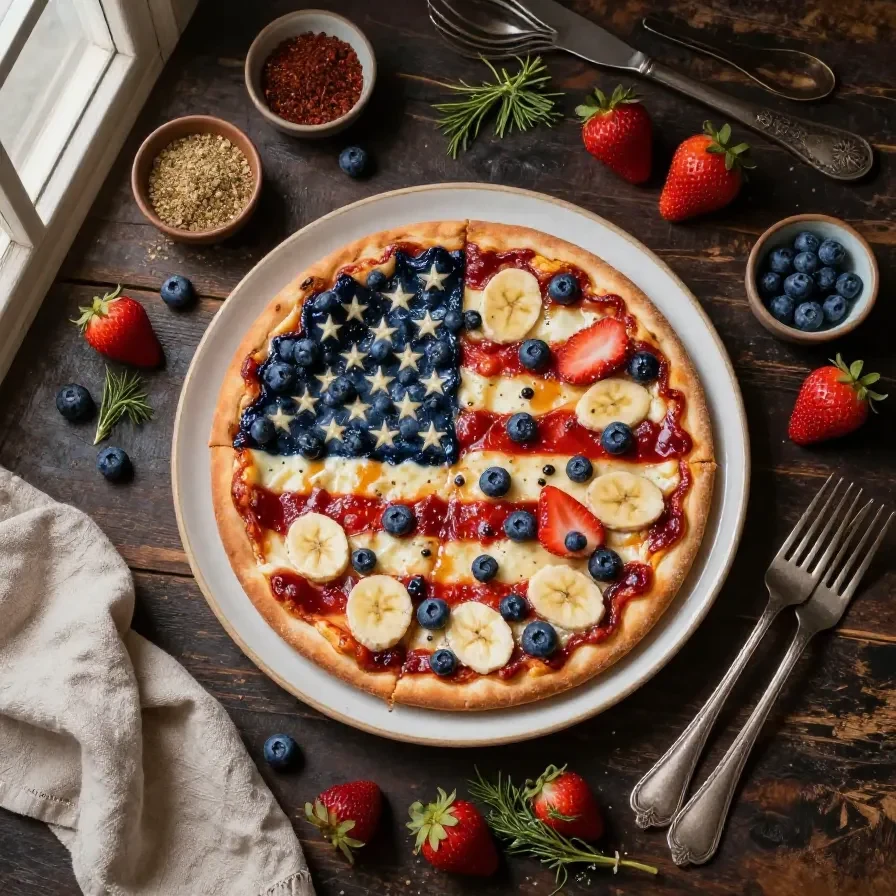 A vibrant American flag fruit pizza topped with fresh strawberries, blueberries, and creamy white frosting.