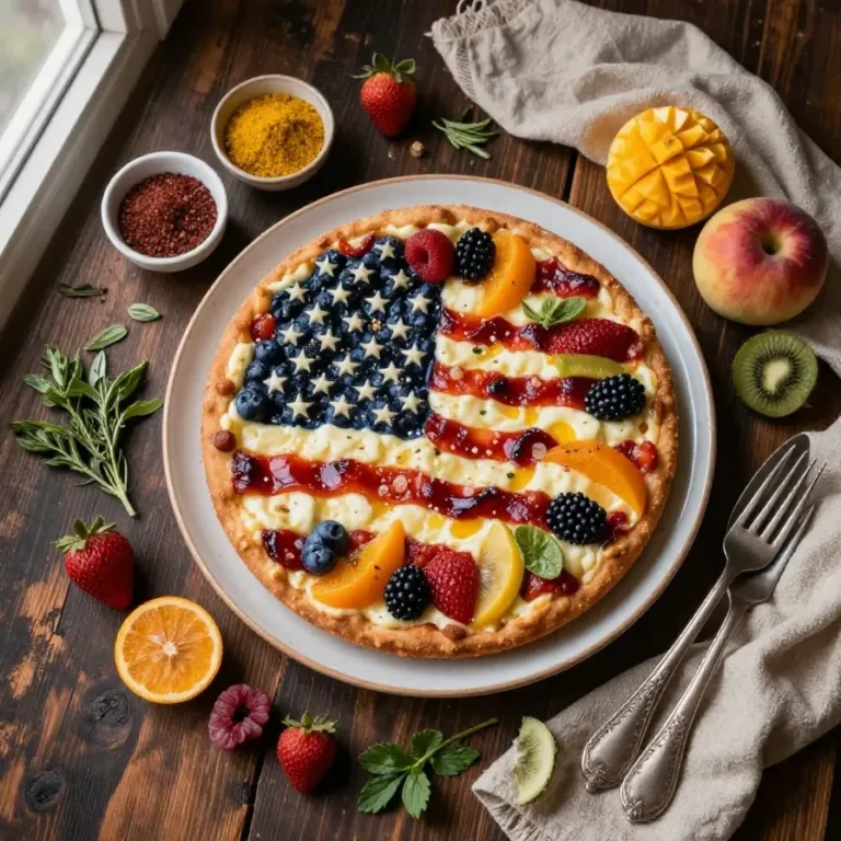 A colorful fruit pizza styled as an American flag with strawberries, blueberries, and cream cheese frosting.