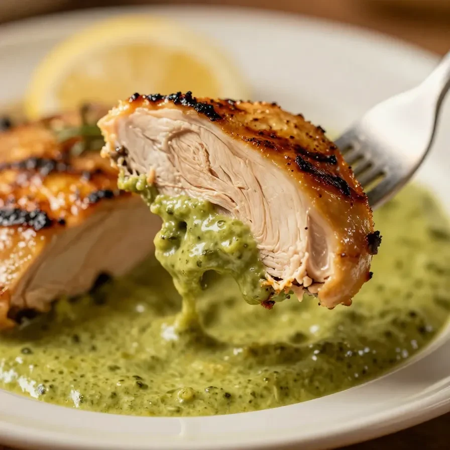 A plate of Peruvian grilled chicken served with creamy green sauce and fresh garnish.