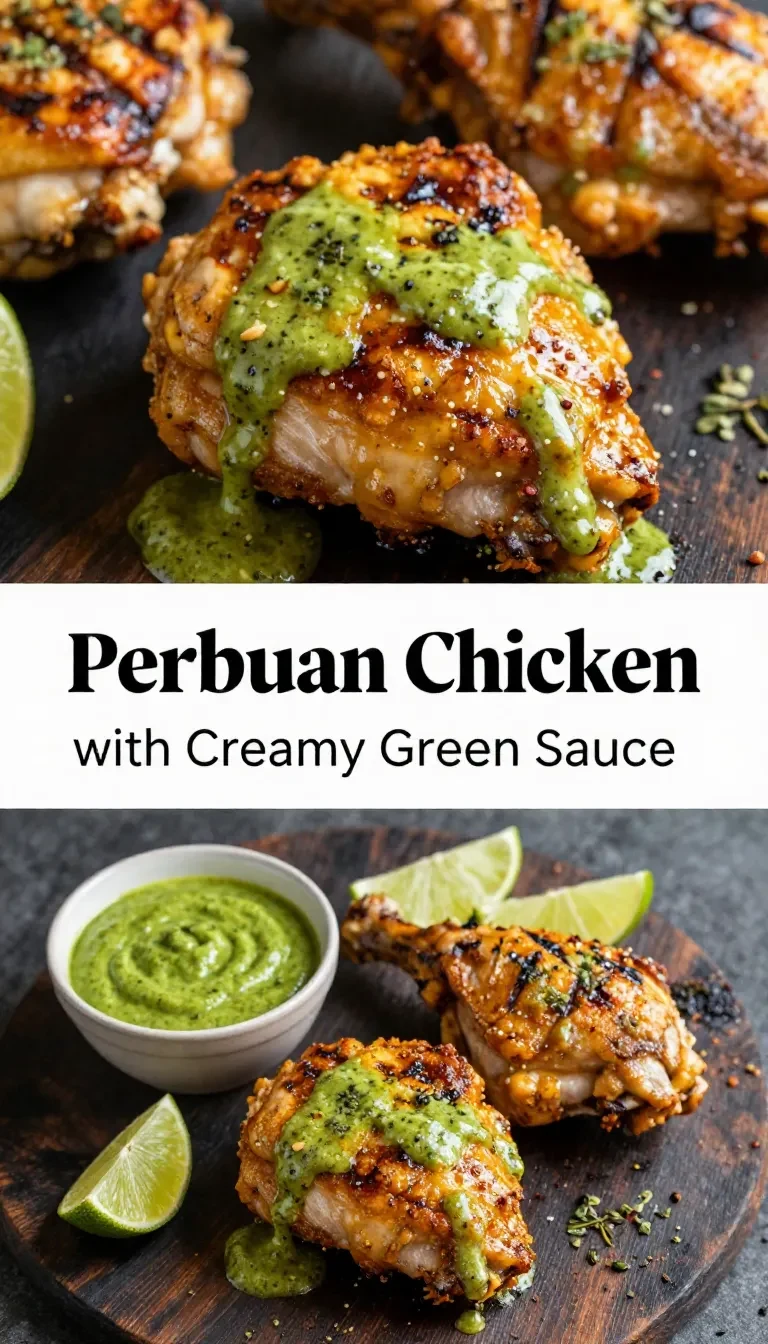 A plate of Peruvian grilled chicken served with creamy green sauce and fresh garnish.