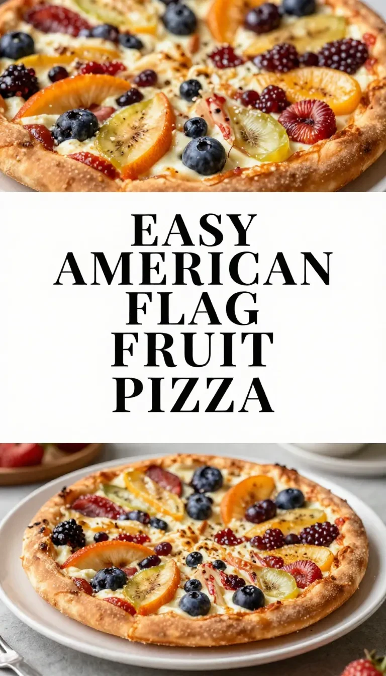 A vibrant American flag fruit pizza topped with fresh strawberries, blueberries, and creamy white frosting.
