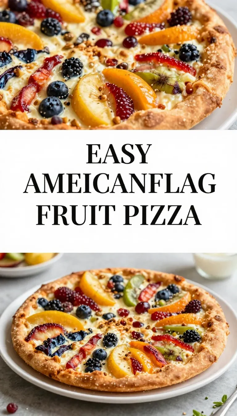 A colorful fruit pizza styled as an American flag with strawberries, blueberries, and cream cheese frosting.