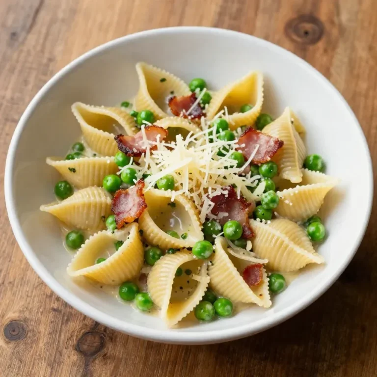 A bowl of creamy pasta salad with fresh vegetables and herbs on a wooden table.