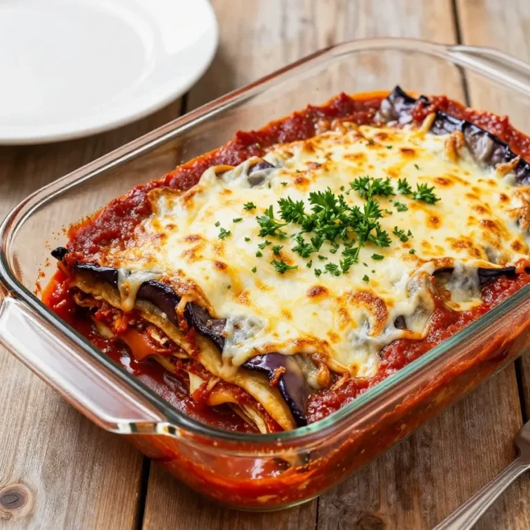 A traditional dish of Melanzane alla Parmigiana served in a white casserole dish, topped with melted cheese and fresh basil.